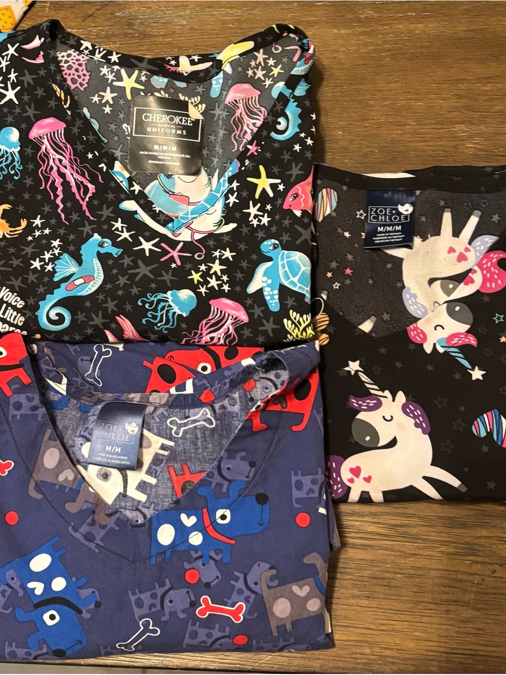 Lot of 3 Zoe + Chloe & Cherokee Printed Scrub Tops - Size Medium